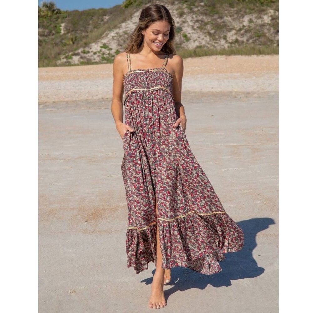 Natural Life Floral Smocked Maxi Dress Sz XL Boho Cottagecore Tiered Ruffle